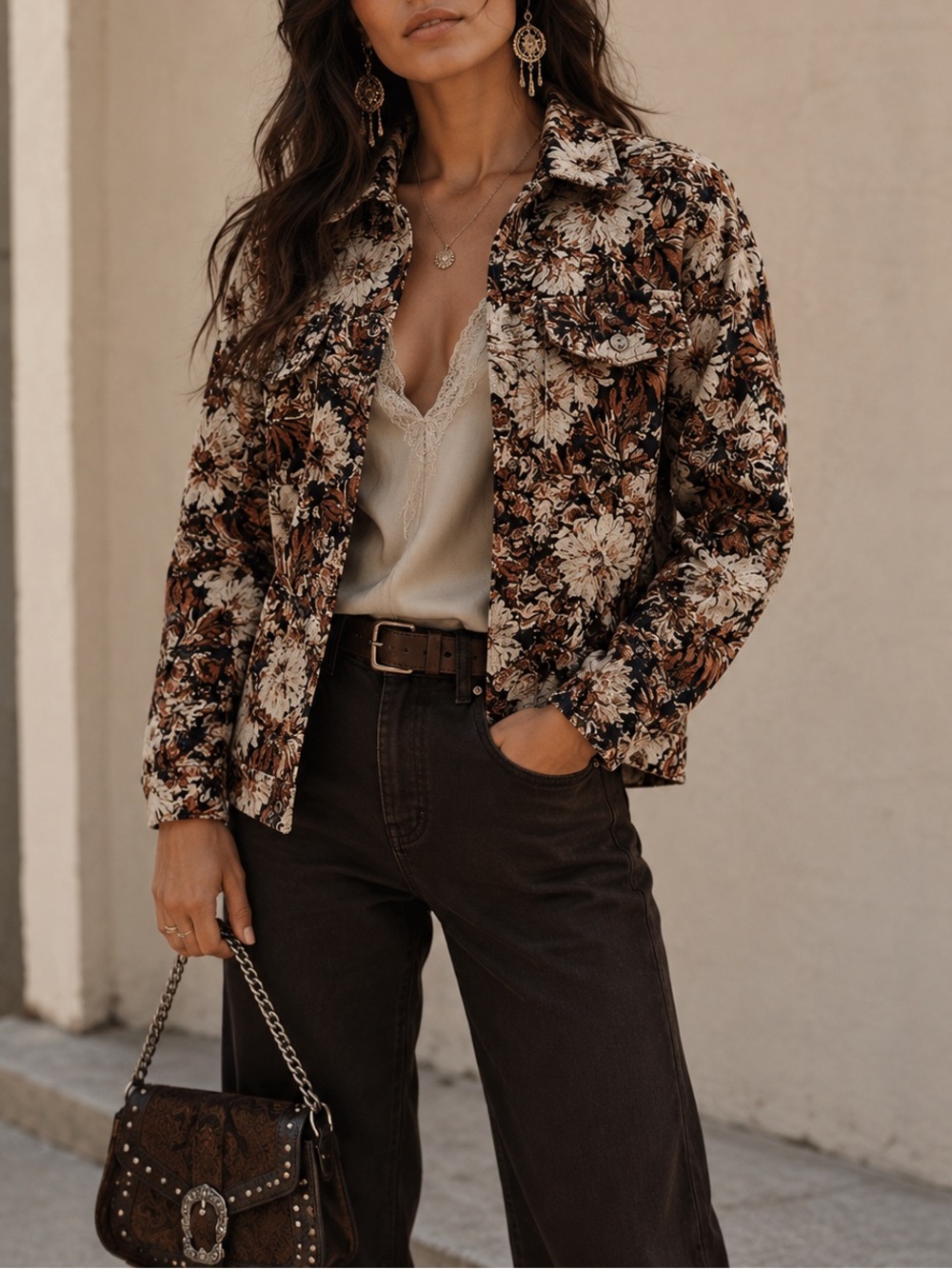 Floral Shacket Jacket in Brown